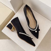 婕秘尖头珍珠单鞋女粗跟高跟鞋学生十八岁2021春季新款法式复古温柔鞋