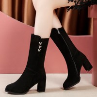 婕秘靴子女2021新款加绒加厚秋季中筒靴高跟雪地棉鞋女粗跟网红瘦瘦靴