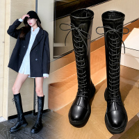 婕秘不过膝弹力靴女2021秋季新款网红后系带长靴女平底瘦瘦靴骑士