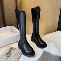 婕秘筒靴秋季英伦风圆头粗跟骑士靴女生套筒皮靴黑色显瘦过膝长靴子