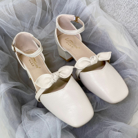 婕秘法式仙女风女2022年新款蝴蝶结粗跟配裙子高跟鞋温柔甜美单鞋