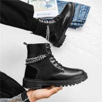 婕秘马丁靴男高帮英伦风黑色大头皮靴秋季潮流百搭个性链条机车骑行靴