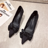 婕秘法式气质高跟鞋女细跟2022春秋新款蝴蝶结中跟尖头浅口单鞋