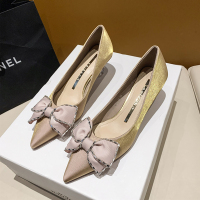 婕秘法式少女高跟鞋2022春秋新款晚晚风蝴蝶结中跟尖头浅口气质单鞋