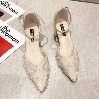 婕秘尖头高跟鞋女2022新款粗跟中空工作单鞋子一字扣带包头凉鞋