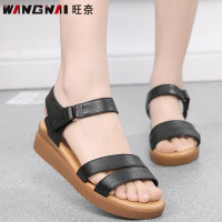 旺奈夏季中年皮鞋女凉鞋坡跟平底妈妈鞋真皮软底女士皮凉鞋牛皮中跟厚底休闲女鞋防滑牛筋底大码新款