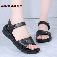 旺奈夏季凉鞋女真皮软底镂空皮鞋平底妈妈鞋牛皮平跟中年皮凉鞋防滑软皮中老年女鞋轻便舒适新款大码4143