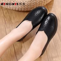 旺奈夏季平底凉鞋女中年妈妈鞋真皮软底浅口单鞋女式圆头平跟镂空皮鞋防滑耐磨老人奶奶鞋套轻便舒适大码新款