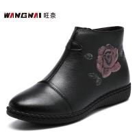 旺奈(WANGNAI)妈妈棉鞋秋冬季短靴防滑中老年女单靴中年大码平跟平跟奶奶棉靴小码老人女款牛皮真品软底