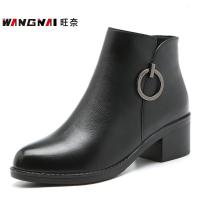 旺奈(WANGNAI)秋冬季中年女皮靴粗跟软底妈妈鞋真皮中跟短筒女靴时尚女士单靴轻便防滑妇女靴子