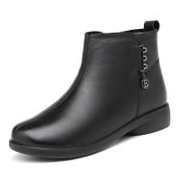 旺奈(WANGNAI)冬季中老年棉鞋女真皮软底棉靴女士侧拉链短筒皮靴子圆头平跟老年人奶奶女靴防滑软皮老人棉皮鞋大码新款