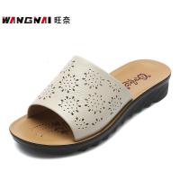 旺奈(WANGNAI)夏季舒适透气妈妈拖鞋真皮软底老人凉拖鞋女平底外穿中老年一字拖室外平跟防滑舒适