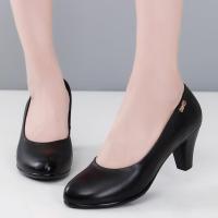 旺奈(WANGNAI)高跟职业皮鞋女 粗跟工作前台工装女鞋女士皮鞋真皮浅口圆头牛皮OL时尚女鞋单鞋