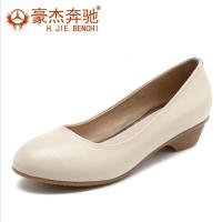 旺奈(WANGNAI)正装皮鞋女真皮女士单鞋中跟大码女鞋粗跟工装前台空姐OL工作浅口工作上班职业皮鞋黑色