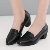 旺奈(WANGNAI)春秋款单鞋女中跟工作女黑色OL职业鞋粗跟上班大码皮鞋软面软底中老年女鞋浅口