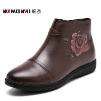 旺奈(WANGNAI)冬季中老年棉鞋女加绒保暖平底妈妈鞋真皮软底棉靴女式牛皮平跟老人短靴子圆头防滑老年人棉皮鞋防滑大码
