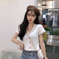夏季2021V领短袖白色T恤精神小妹针织衫修身上衣女T恋泽芯