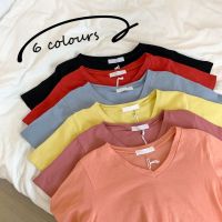 insV领短袖T恤女2021年纯色打底衫气质夏装上衣半袖t桖恋泽芯