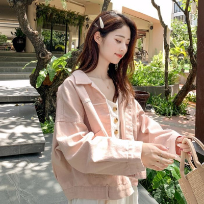 春季粉色牛仔外套女装2021韩版学生大码宽松长袖洋气上衣恋泽芯