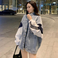 2021春秋装撞色宽松拼接长袖中长款复古bf风牛仔外套上衣女装恋泽芯