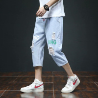 恋泽芯七分牛仔短裤男夏季薄款宽松哈伦韩版系绳休闲破洞7分中裤子休闲裤男