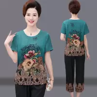 恋泽芯妈妈装中老年女装夏装套装短袖上衣中年人奶奶修身时尚两件套
