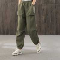 恋泽芯95棉春秋新款简约百搭舒适工装裤口袋长裤宽松褶皱文艺休闲裤脚