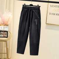 恋泽芯大码女装2021新款春秋时尚百搭松紧腰刺绣牛仔裤胖妹妹小脚哈伦裤