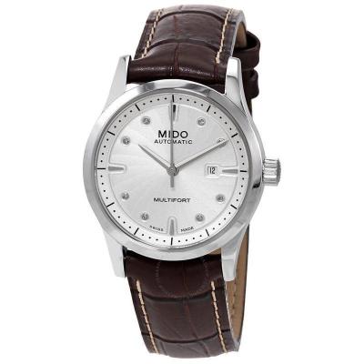 [官方正品]MIDO美度瑞士手表 Multifort舵手系列 机械皮带银色镶钻表盘 防水背透女士手表
