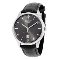 天梭(TISSOT)男士 T-Classic 系列黑色皮革黑色表盘石英手表