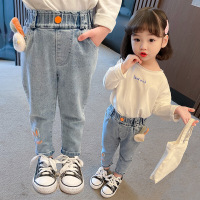 乌鹿儿童裤子童装女牛仔裤春秋季装小孩学生宝宝衣服2021年新款中小童休闲运动百搭兔耳朵长裤子