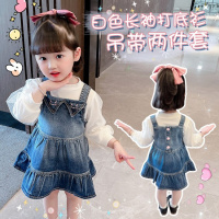 乌鹿童装女儿童套装春秋季宝宝小孩学生衣服2021年新款中小童洋气甜美泡泡袖打底衫牛仔背带裙两件套