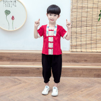 乌鹿童装男童套装儿童汉服夏季装宝宝小孩衣服2021款中小童复古民族风领口仙鹤短袖上衣裤子两件套
