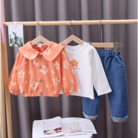乌鹿[三件套]童装女儿童套装春秋季宝宝小孩衣服2021年新款中小童韩版休闲小花外套T恤牛仔裤子套装