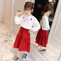 乌鹿童装女儿童套装春秋季装宝宝学生小孩衣服2020新款中大童韩版时髦洋气娃娃领衬衫红色半身裙两件套