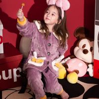 乌鹿女童睡衣秋冬季小女孩加绒加厚珊瑚绒女宝宝法兰绒儿童家居服套装