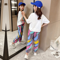 乌鹿女童运动套装2021春夏装新款儿童洋气宽松涂鸦长裤子小童大童时尚哈伦裤潮