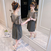 乌鹿新款童装女童背带裙两件套2021女孩套装短袖时尚舒适春夏儿童条纹连衣裙子