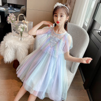 乌鹿童装女童连衣裙2021夏季新款彩虹渐变色公主裙中大童3-8-12岁女孩网纱披肩甜美漂亮裙子