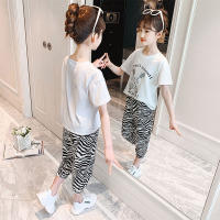乌鹿童装女童套装儿童夏装2021新款中大童时髦休闲兔子两件套6-15岁女宝宝洋气斑马纹圆领T恤套装