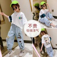 乌鹿童装女童网红夏装套装2021新款儿童洋气破洞裤短袖中大童潮牌韩版时尚两件套