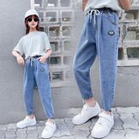 乌鹿童装女童牛仔裤春秋季2021新款中大童宽松束脚休闲哈伦裤学生老爹裤女裤松紧腰