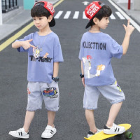 乌鹿童装男童套装2021新款儿童套装夏季中大童休闲运动男孩衣服夏天短袖牛仔中裤4-13岁韩版两件套