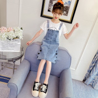 乌鹿女童套装夏装2021新款韩版儿童套装中大童短袖T恤+爱心背带牛仔裙两件套小女孩潮装3到14岁