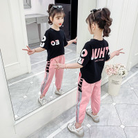 乌鹿童装女童套装2021夏季新款儿童中大童套装女孩夏天字母短袖裤子运动休闲套装