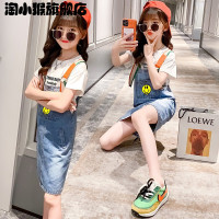 乌鹿童装女童套装儿童夏装2021新款大童短袖T恤牛仔背带裙两件套韩版夏季女孩时尚洋气潮衣小学生衣服