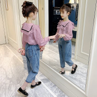 乌鹿童装女童套装2021春秋新款儿童套装小女孩花边领砂衬衫牛仔裤两件套3-12岁学生春天衣服潮