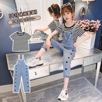 乌鹿女童背带裤套装儿童牛仔背带裤+短袖条纹T恤两件套夏装新款中大童夏季童装女孩网红衣服3-12岁