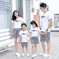 乌鹿亲子装2021全家时尚短袖T恤短裤套装一家四口母子条纹清凉家庭装