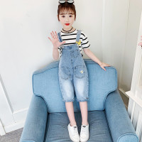 乌鹿童装女童套装2021夏季新款中大童洋气时尚韩版潮流小女孩T恤口袋笑脸条纹背带牛仔套装